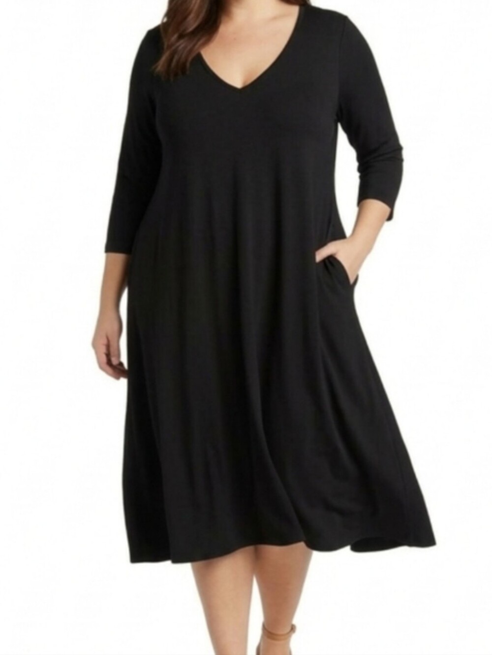 Chicos Travelers Midi V-Neck Black Dress  Stretchy Flowy Flowy A-Line Pockets